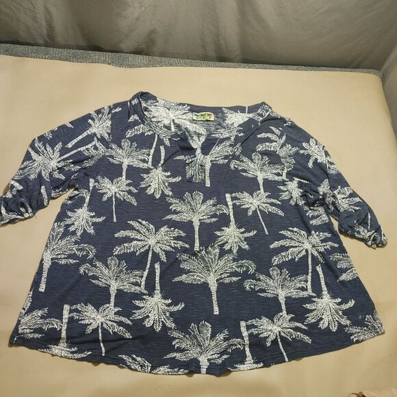 Palm Groove Blouse Top Women 2X Palm Trees Accent Button Quarter Sleeve Rayon - Picture 9 of 11
